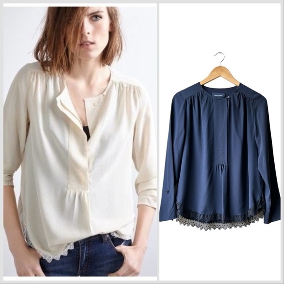 Zadig & Voltaire Tranoi navy silk top with black hem Blue lace trim blouse Sz M - Picture 1 of 14